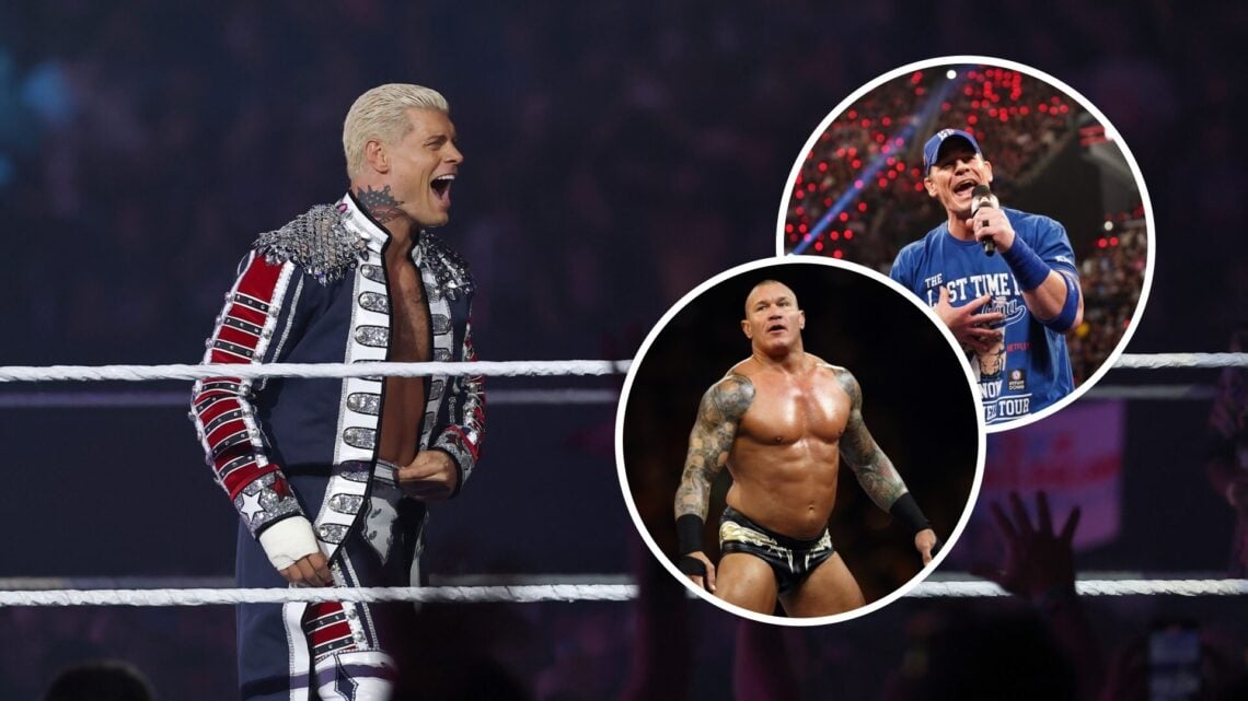 Cody Rhodes making his WWE SummerSlam entrance with insets of John Cena and Randy Orton