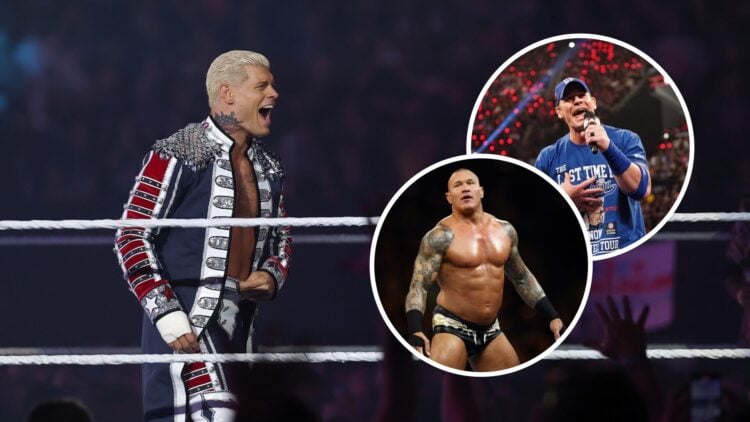 Cody Rhodes making his WWE SummerSlam entrance with insets of John Cena and Randy Orton