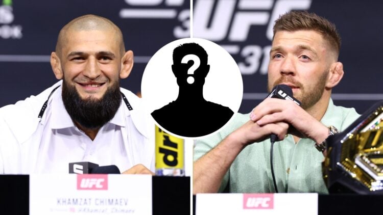 Dricus Du Plessis (right) speaks at UFC 319 press conference, Khamzat Chimaev (left) speaks at UFC 319 press conference
