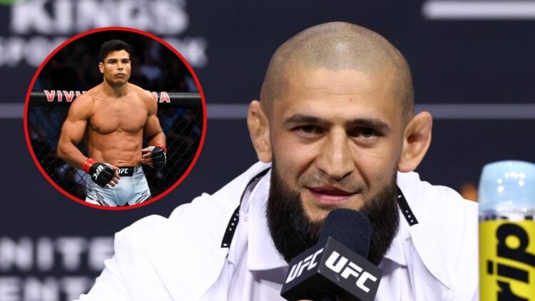 Paulo Costa (left) in the Octagon ahead of fight, Khamzat Chimaev (right) speaks at press conference