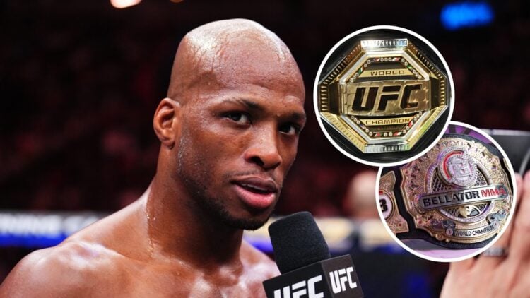 Michael Page (left) looks into the camera after Kevin Holland win, A shot of the UFC title belt (top right), A picture of the Bellator Grand Prix b...
