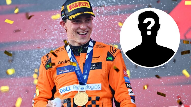 Oscar Piastri (left) celebrates on the podium and a mystery person (right)