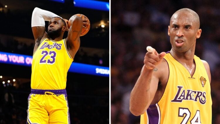 LeBron James (left) dunks the basketball and Kobe Bryant (right) points