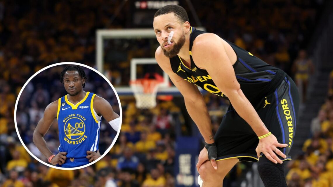 Stephen Curry (right) of the Golden State Warriors with hands on knees, and Jonathan Kuminga (left) of the Golden State Warriors with hands on hips.