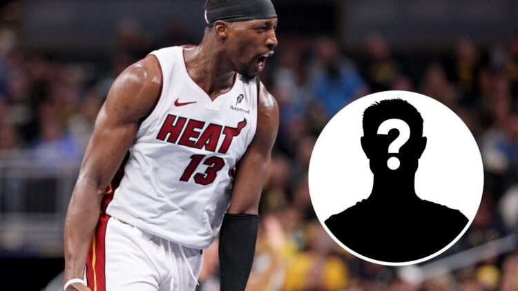 Bam Adebayo (left) celebrates for the Miami Heat, and a mystery person (right)