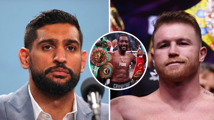 Amir Khan (left) speaks at press conference, Terence Crawford (middle) celebrates with undisputed welterweight titles, Canelo Alvarez (right) poses...