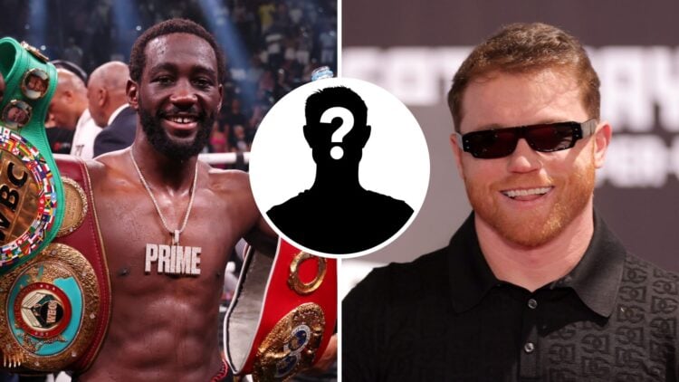 Canelo Alvarez (right) arrives at a news conference to preview his super middleweight fight against Jaime Munguia, Terence Crawford (left) celebrat...