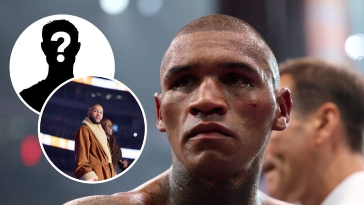 Chris Eubank Jr (bottom left) makes his Ring Walk with his dad Chris Eubank Snr, Conor Benn (right) looks dejected after losing to Chris Eubank Jr
