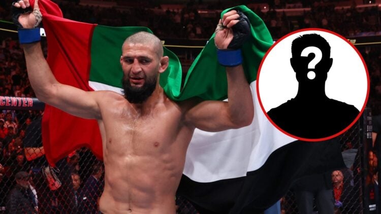 Khamzat Chimaev (left) holds up Dubai flag after UFC 319 win