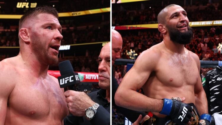 Dricus Du Plessis (left) speaks to Joe Rogan after loss, Khamzat Chimaev (right) is presented the belt by Dana White