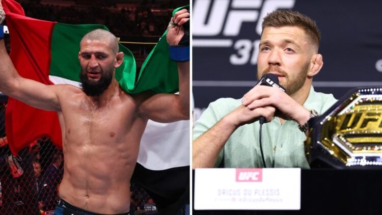 Khamzat Chimaev (left) holds up Dubai flag after UFC 319 win, Dricus Du Plessis (right) speaks at press conference before UFC 319