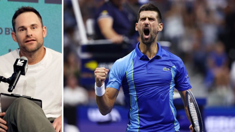 Andy Roddick looks on (left) and Novak Djokovic (right) celebrates