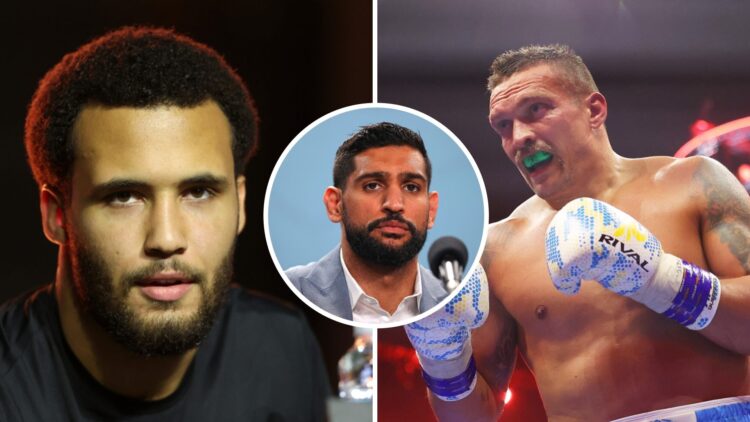 Moses Itauma (left) speaks to the media, Amir Khan (middle) speaks at press conference, Oleksandr Usyk (right) fights Tyson Fury in the ring