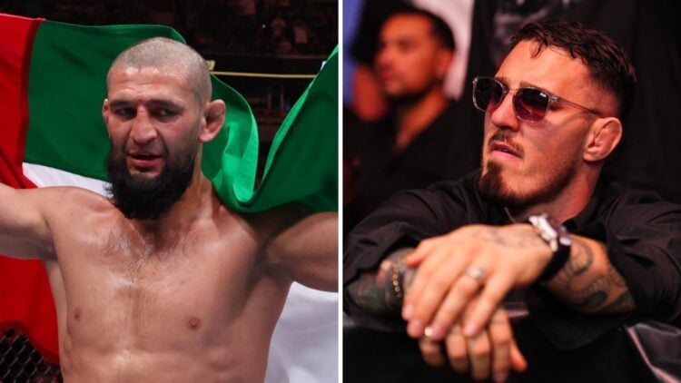 Tom Aspinall (right) attends UFC event, Khamzat Chimaev (left) celebrates with Dubai flag