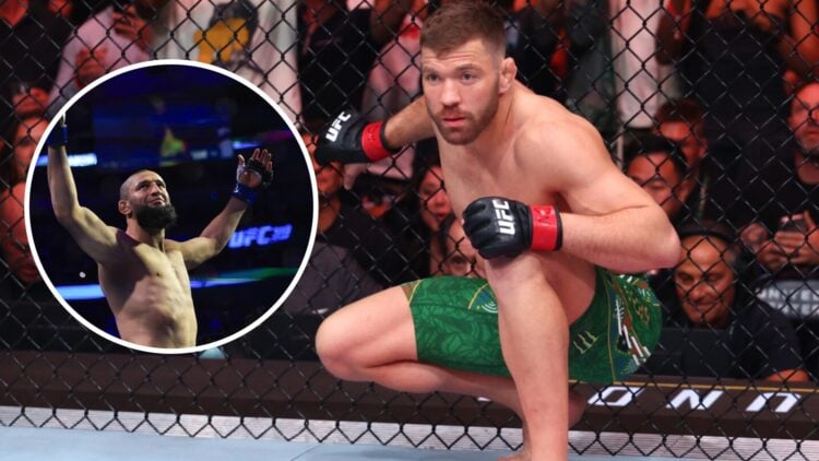 Khamzat Chimaev (left) raises his arms before the UFC 319 event, Dricus Du Plessis (right) kneels down before UFC 319 main event