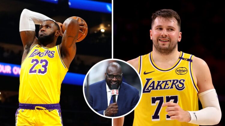 LeBron James (left) dunks the basketball, Luka Doncic (right) smiles, and Shaquille O'Neal speaks on NBA TV
