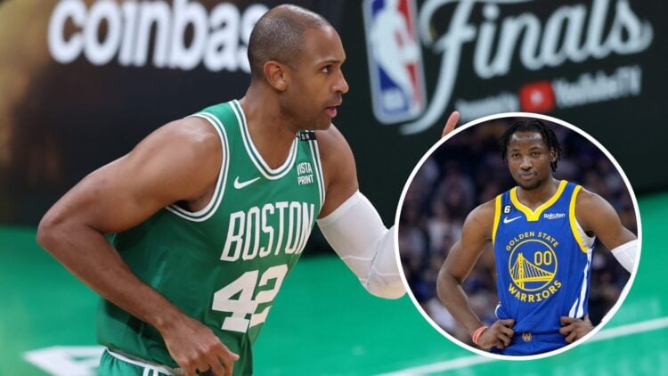 Al Horford (left) of the Boston Celtics points, and Jonathan Kuminga (right) of the Golden State Warriors with hands on hips