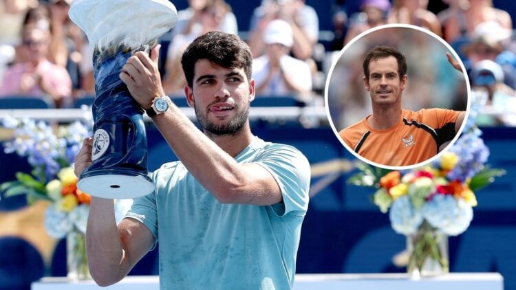 Carlos Alcaraz lifting his Cincinnati Open 2025 trophy with an inset of Andy Murray