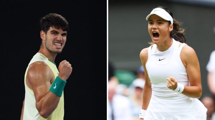 Carlos Alcaraz playing at the Australian Open and Emma Raducanu playing at Wimbledon