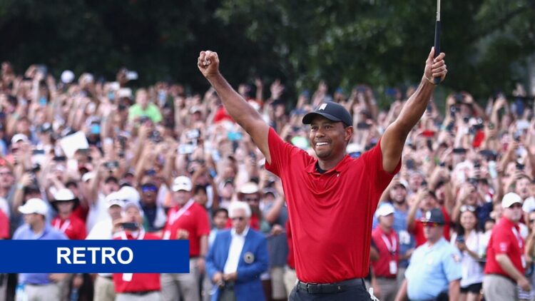 Tiger Woods of the United States celebrates winning the Tour Championship, and a retro label
