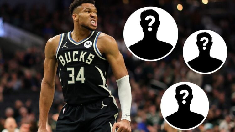 Giannis Antetokounmpo (left) of the Milwaukee Bucks reacts to a score and three mystery people (right)