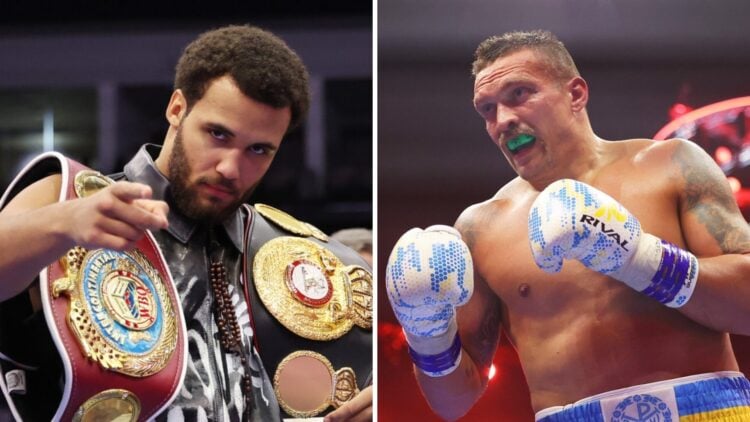 Moses Itauma (left) pose for a photo with the belts and Frank Warren, Oleksandr Usyk (right) in the ring for Tyson Fury fight