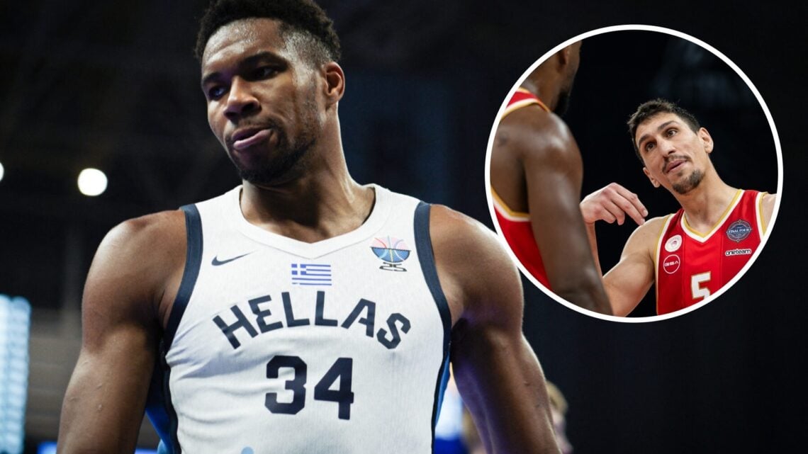 Giannis Antetokounmpo (left) of Greece in a game and Giannoulis Larentzakis (right) of Olympiacos Piraeus in action