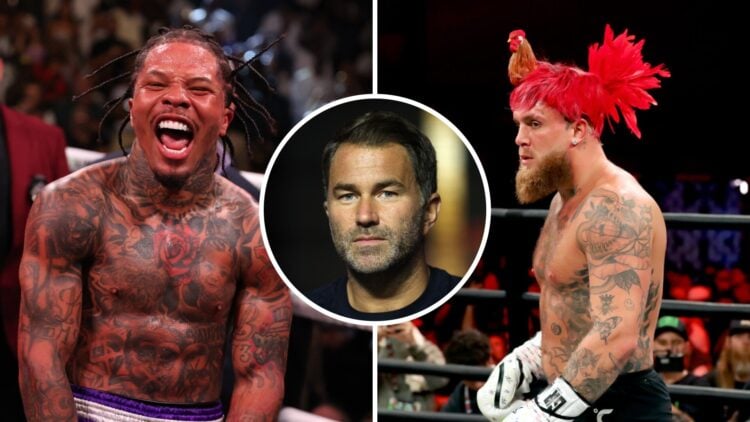 Gervonta Davis (left) in action against Rolando Romero, Eddie Hearn (middle) attends Moses Itauma Dillian Whyte press conference, Jake Paul (right)...