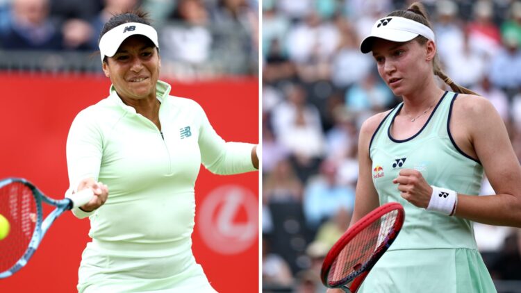 Heather Watson hits the tennis ball (left) and Elena Rybakina (right) at Queen's 2025