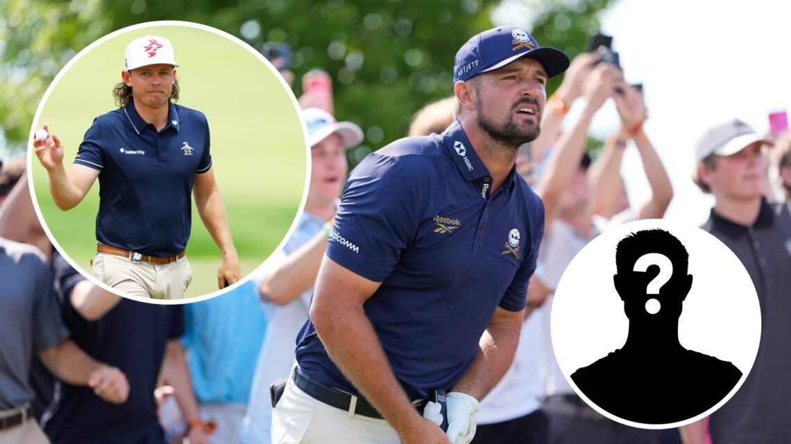 Cam Smith acknowledges the crowd (left), Bryson DeChambeau watches his shot (centre) and a mystery person (right)