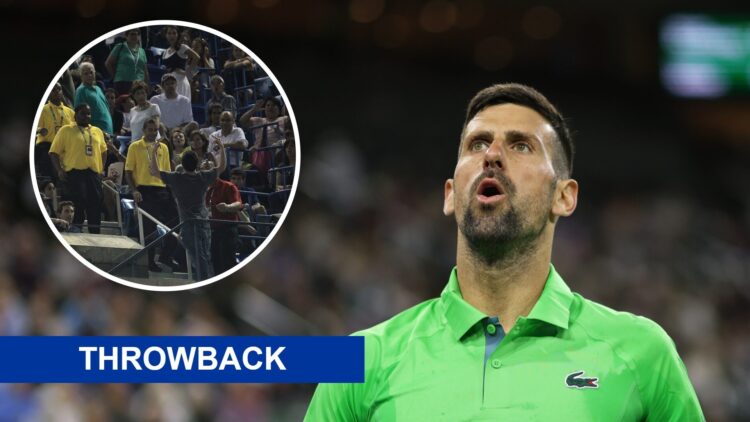 Novak Djokovic playing at the BNP Paribas tournament with an inset of the 2010 US Open brawl that suspended his match