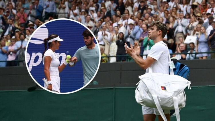 Jack Draper at Wimbledon 2025 with an inset of Carlos Alcaraz and Emma Raducanu
