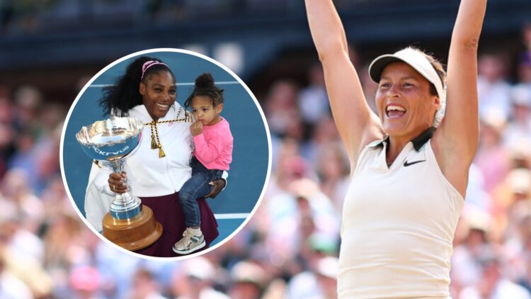 Serena Williams holding her child (left) and Tatjana Maria celebrating (right)
