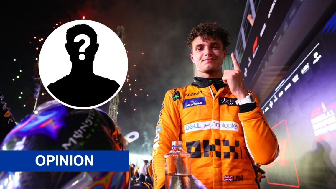 Lando Norris of McLaren celebrating winning the 2024 Singapore Grand Prix and a mystery person