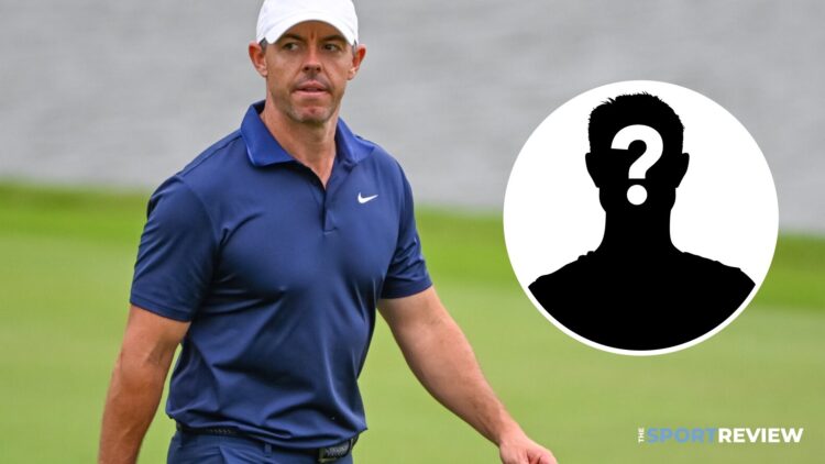 Rory McIlroy on the fairway at the 2025 Tour Championships (left) and a mystery person (right)