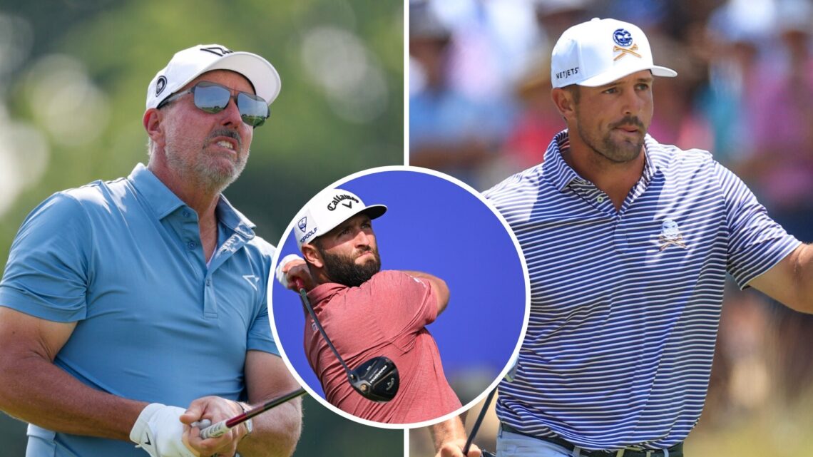 Jon Rahm (centre) plays a tee shot, Bryson DeChambeau (right) acknowledges the crowd and Phil MIckelson (left) plays a tee shot