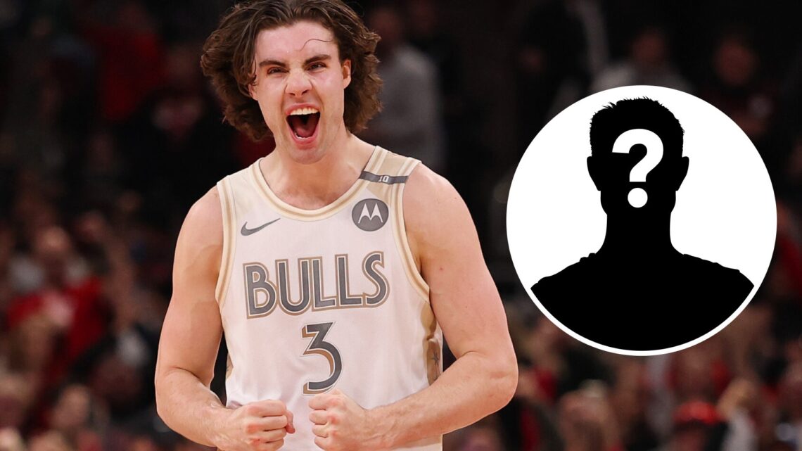 Josh Giddey of the Chicago Bulls celebrates a basket (left) and a mystery person (right)