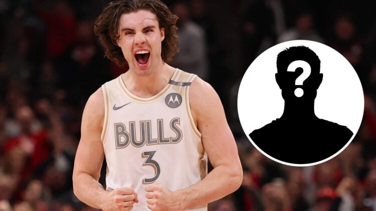 Josh Giddey of the Chicago Bulls celebrates a basket (left) and a mystery person (right)
