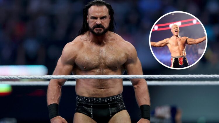 Drew McIntyre at WWE SummerSlam with an inset of Cody Rhodes