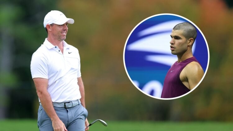 Rory McIlroy playing the 2025 Tour Championship with an inset of Carlos Alcaraz at the 2025 US Open