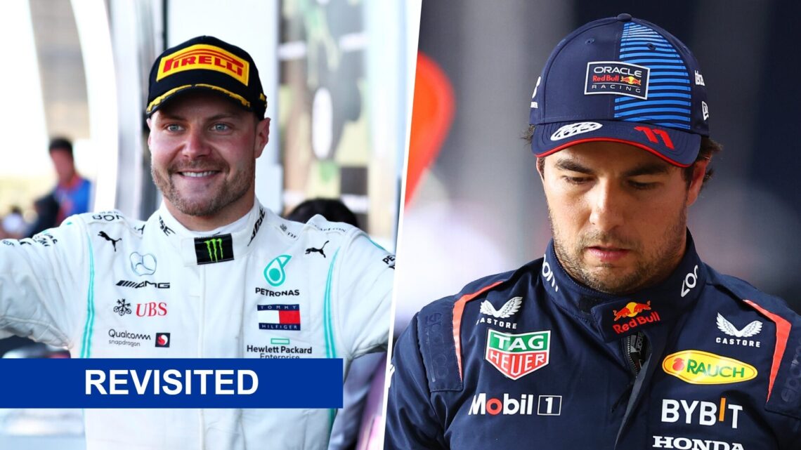 Valtteri Bottas (left) celebrate on the podium, and Sergio Perez (right) walks in the pitlane