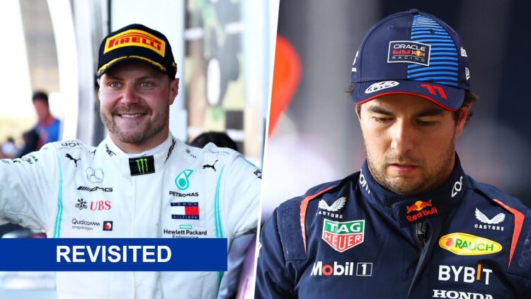 Valtteri Bottas (left) celebrate on the podium, and Sergio Perez (right) walks in the pitlane