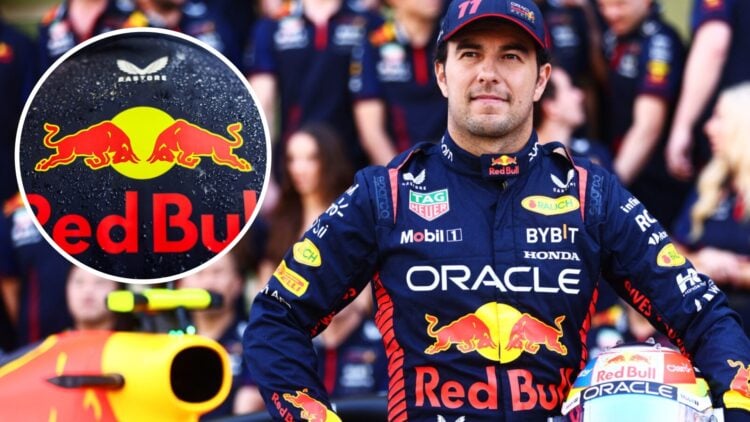 Sergio Perez (right) poses for A Red Bull team photo and the Red Bull Racing logo (left)