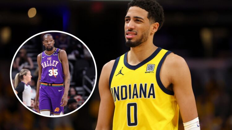 Tyrese Haliburton (right) on court for the Indiana Pacers, and Kevin Durant (left) on court for the Phoenix Suns