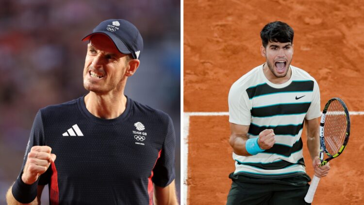 Andy Murray competing in the 2024 Olympics and Carlos Alcaraz at Roland Garros 2025