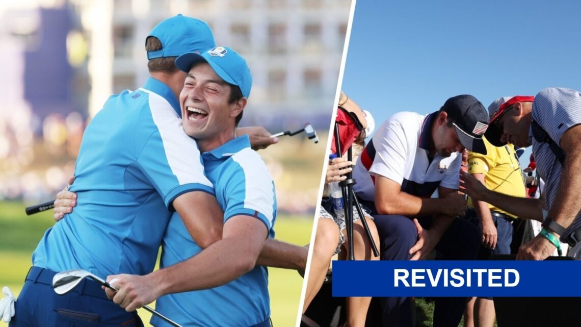 Viktor Hovland (left) celebrates with Ludvig Aberg, and Scottie Scheffler is consoled (right) and a revisited banner