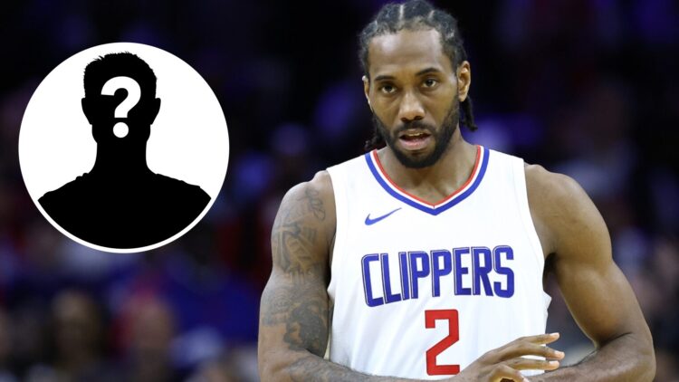 Kawhi Leonard #2 of the LA Clippers in a game (right) and a mystery person.