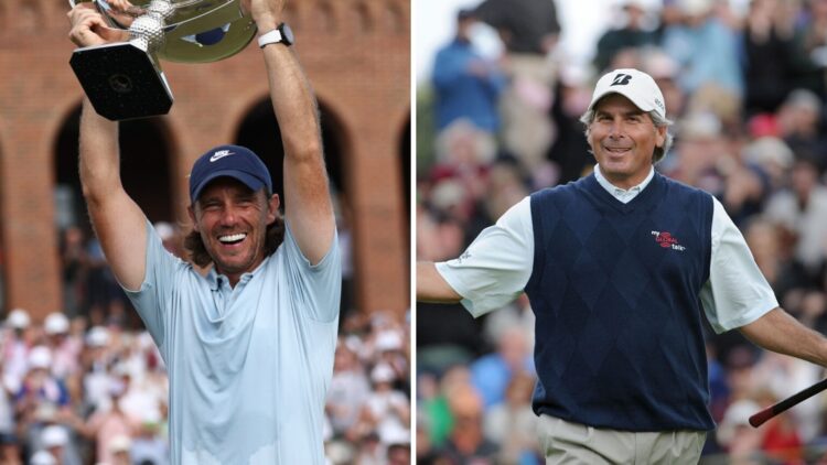 Tommy Fleetwood (left) lifts the FedEx Cup trophy, and Fred Couples (right) with his hands outstretched, smiling.