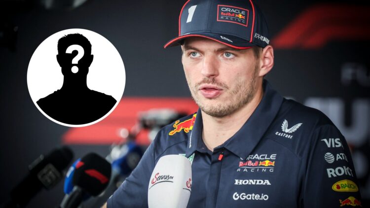 Max Verstappen speaks to the media (right) and a mystery person (left)