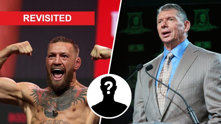 Vince McMahon at a WWE press conference and Conor McGregor flexing his muscles